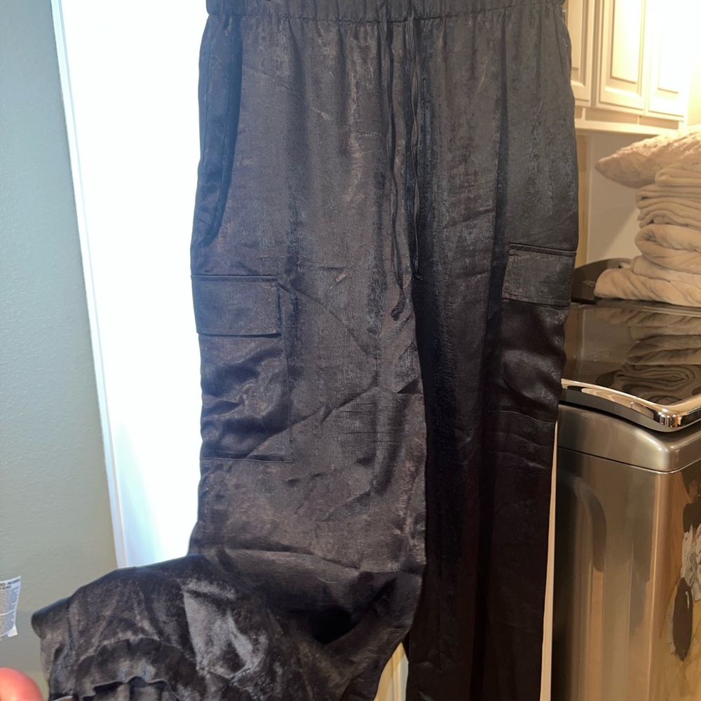 Womens Black Satin Cargo Pants